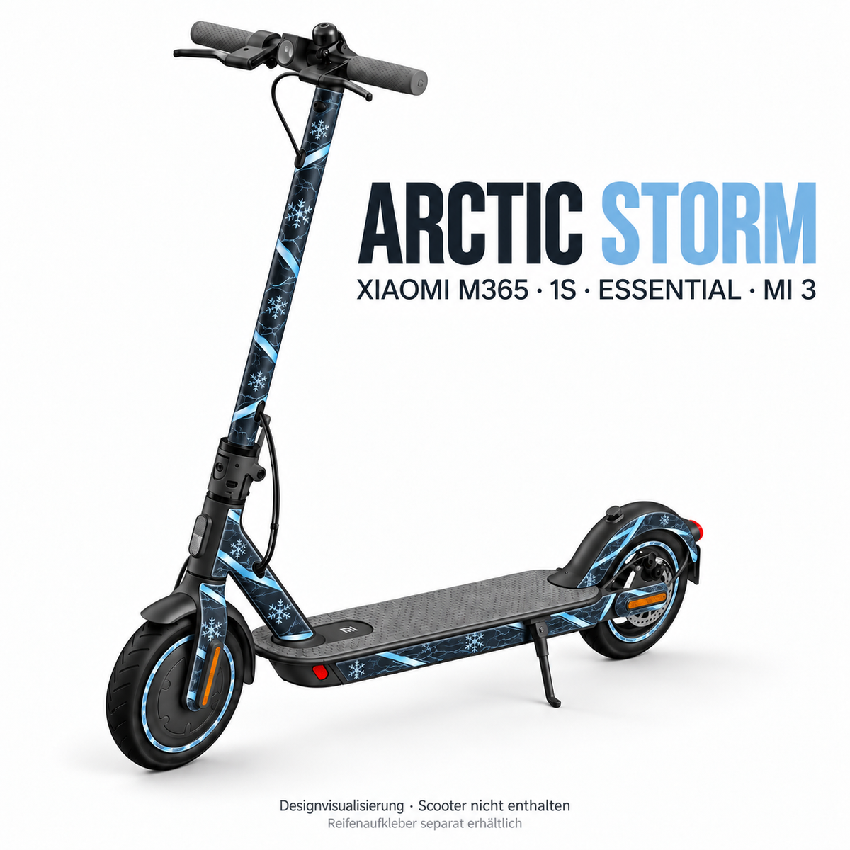 Xiaomi M365 / 1S / Essential / Mi 3 – ARCTIC STORM. Designvisualisierung; Reifenaufkleber separat erhältlich.