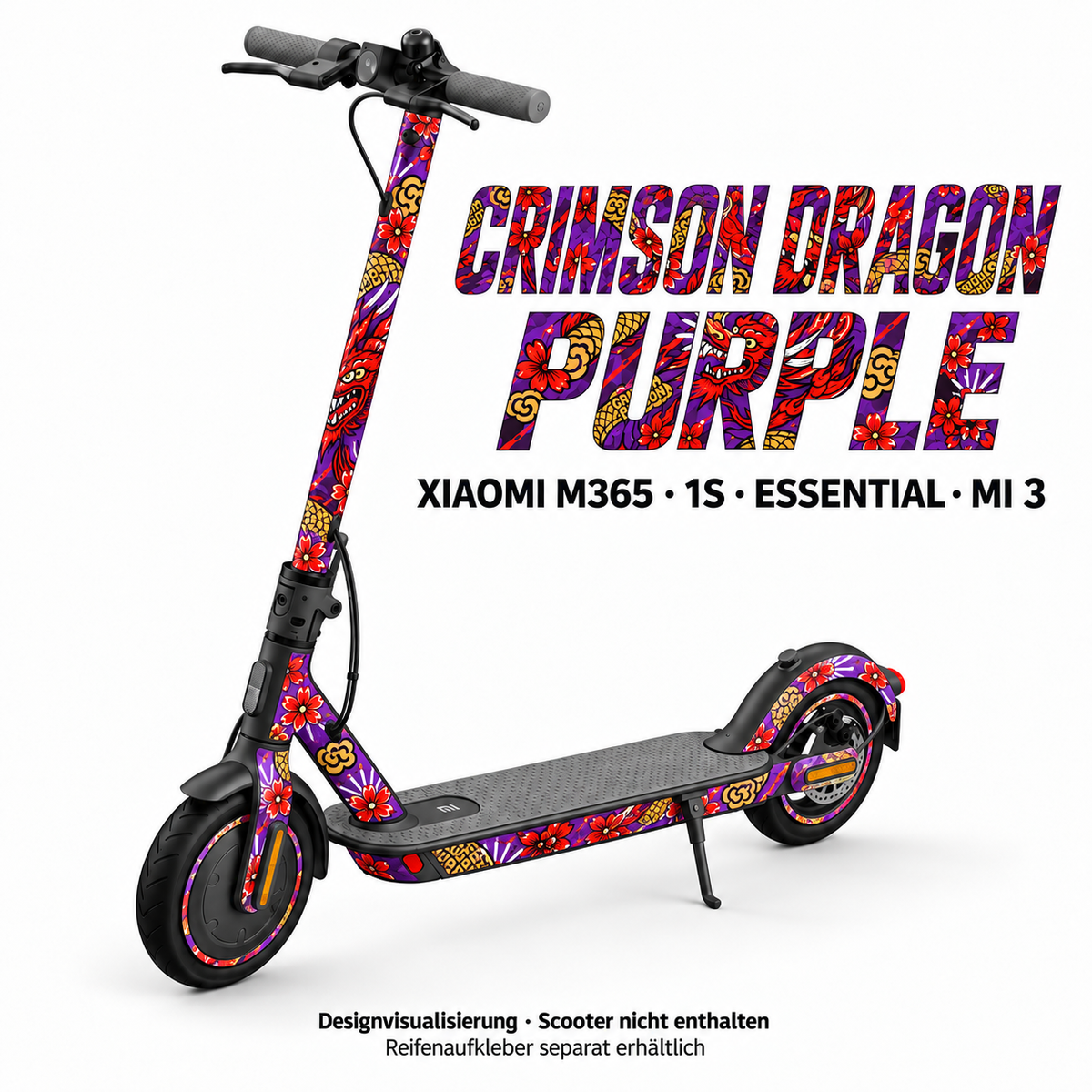 Xiaomi M365 / 1S / Essential / Mi 3 – CRIMSON DRAGON PURPLE. Designvisualisierung; Reifenaufkleber separat erhältlich.